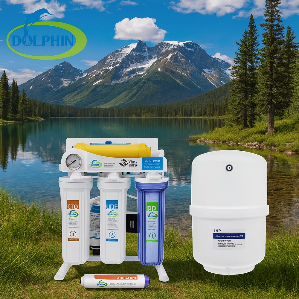 تصویر دستگاه تصفیه آب دلفین ۶ مرحلهای در فضای طبیعی کنار دریاچه و کوهستان
