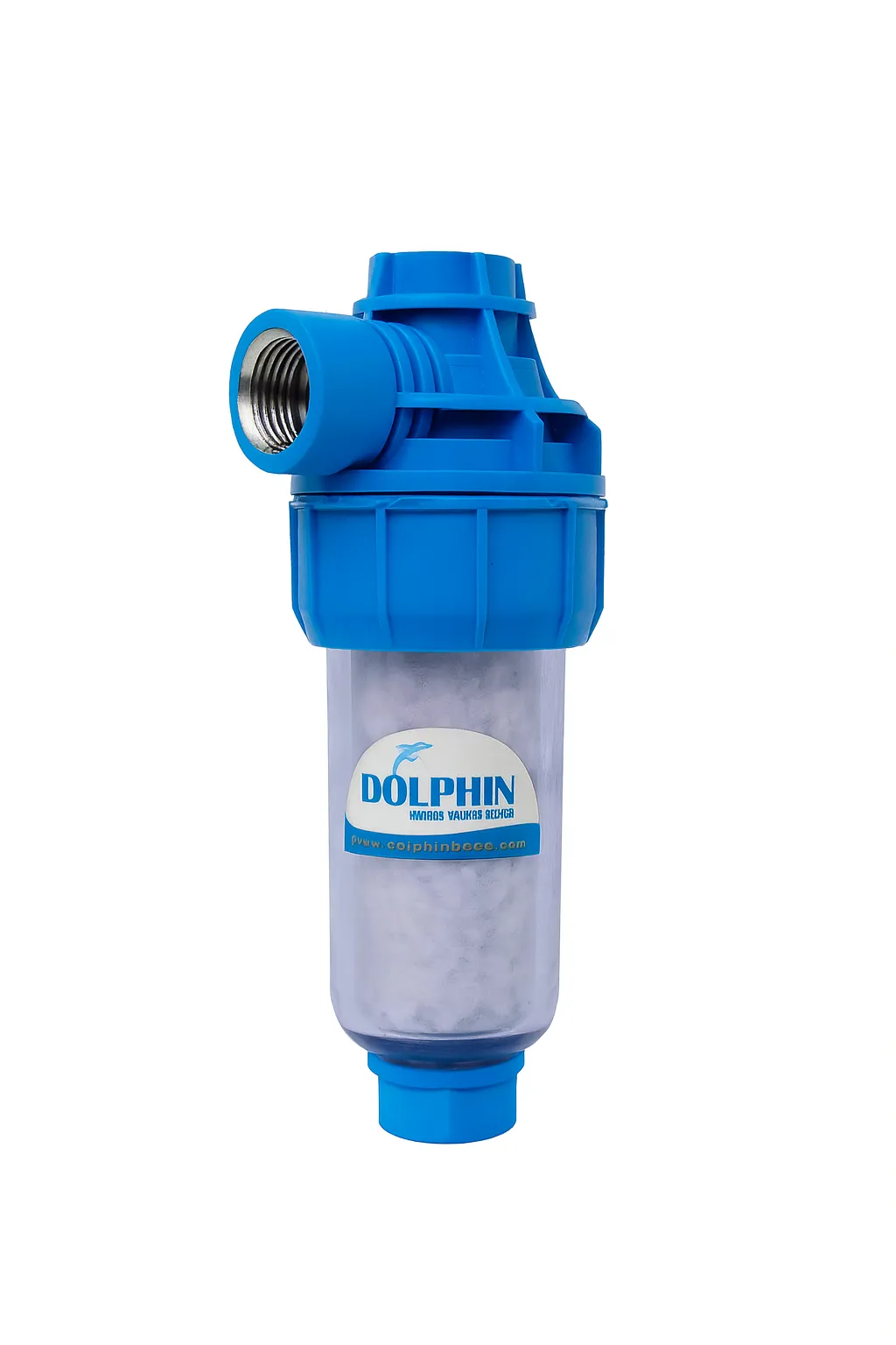 فیلتر پلی فسفات مخصوص پکیج و آبگرمکن دلفین تصویر فیلتر پلی فسفات دلفین برای پکیج و آبگرمکن با بدنه شفاف و درب آبی