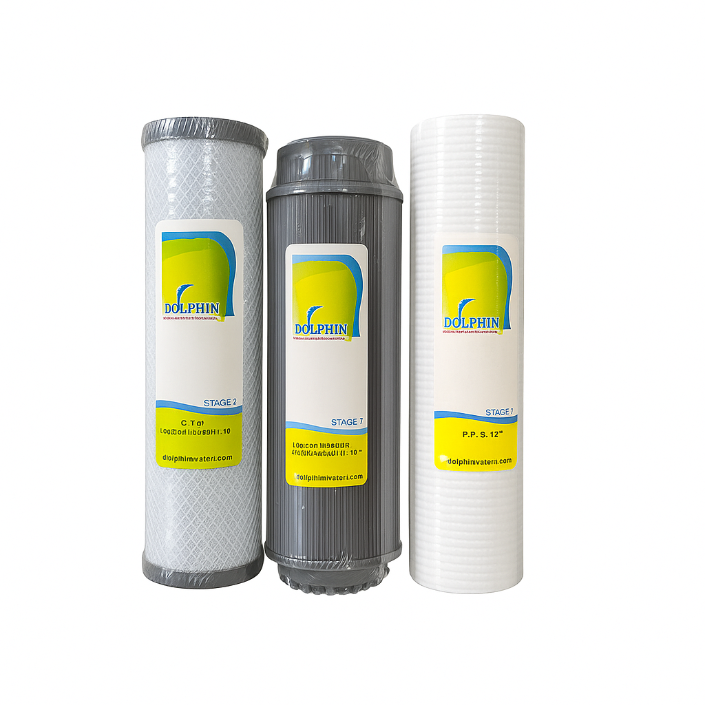 ست سه عددی فیلتر تصفیه آب دلفین شامل فیلتر PP، کربن پودری و کربن بلاک – مناسب دستگاه‌های تصفیه آب خانگی