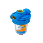 نمای بالا از فیلتر پلی فسفات دلفین با بدنه شفاف و اتصالات برنجی