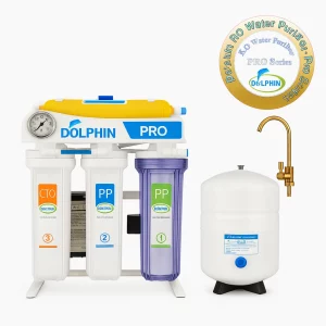 دستگاه تصفیه آب خانگی دلفین مدل PRO با پمپ تایوانی Headon، مخزن استیل دولایه و شیر برداشت طلایی