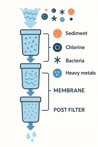 این تصویر مراحل تصفیه آب را به‌صورت شماتیک نشان می‌دهد؛ از فیلتر رسوب و کربن فعال تا ممبران و فیلتر نهایی برای حذف ذرات، کلر، باکتری و فلزات سنگین.