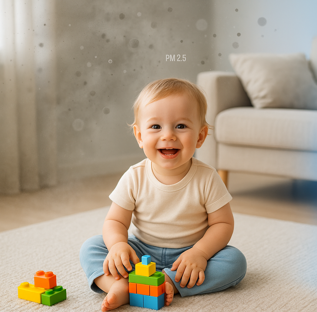 کودک در حال بازی در اتاق با هوای آلوده PM2.5؛ اهمیت استفاده از دستگاه تصفیه هوا