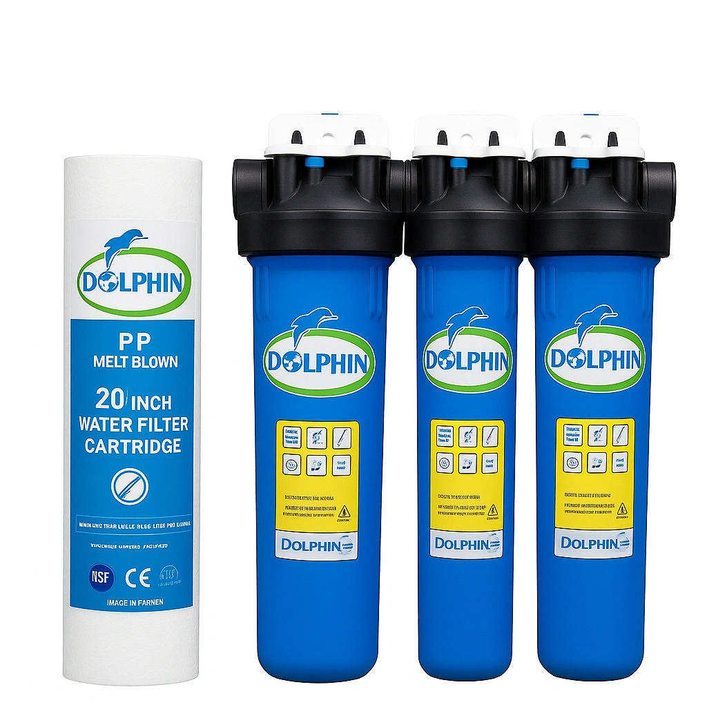 تصویر فیلتر الیافی ۲۰ اینچی دلفین در کنار دستگاه پیش‌تصفیه سه‌مرحله‌ای آبی رنگ برند Dolphin برای سیستم تصفیه آب خانگی و صنعتی
