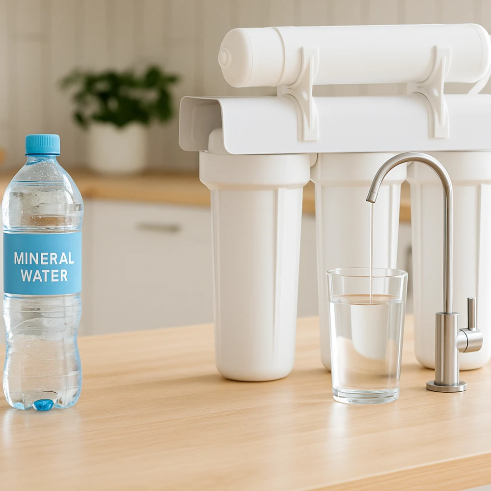 بطری آب معدنی و دستگاه تصفیه آب خانگی روی میز آشپزخانه در نور طبیعی