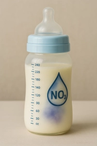 شیشه شیر نوزاد با سایه آبی و هشدار نیترات آب NO3 