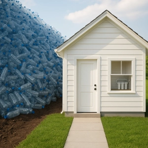 خانه‌ای تمیز و روشن با دستگاه تصفیه آب خانگی در کنار توده‌ای از بطری‌های پلاستیکی دورریختنی