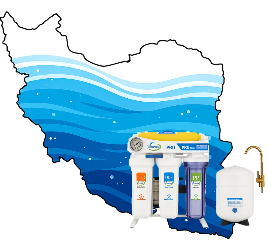 بهترین دستگاه تصفیه آب برای شهرهای ایران - دستگاه تصفیه آب خانگی دلفین آبی مدل PRO در کنار نقشه ایران