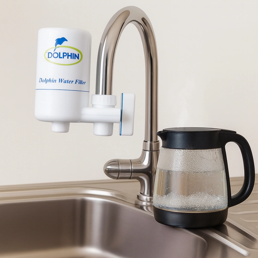 مقایسه آب جوشیده با فیلتر سرشیری دلفین نصب‌شده روی شیر آب در آشپزخانه
