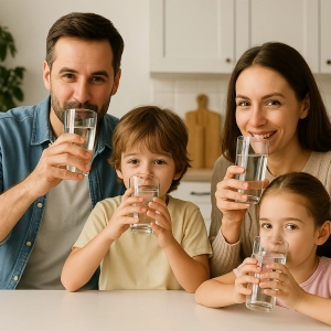 خانواده‌ای شاد در حال نوشیدن آب سالم و تصفیه‌شده در آشپزخانه مدرن با حس آرامش و سلامت