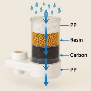 نمایش مراحل تصفیه آب سرشیری دلفین شامل لایه‌های PP، رزین، کربن فعال و فیلتر ترکیبی