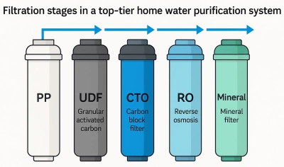 مراحل فیلتراسیون در بهترین دستگاه تصفیه آب خانگی شامل PP، UDF، CTO، RO، T33 و Mineral
