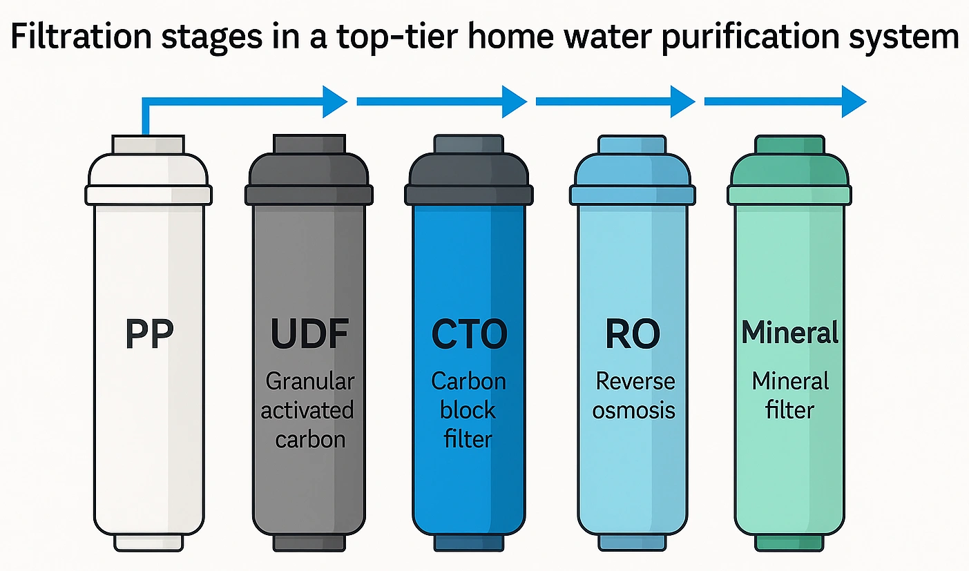 مراحل کامل فیلتراسیون در بهترین دستگاه تصفیه آب خانگی شامل PP، UDF، CTO، RO، T33 و Mineral