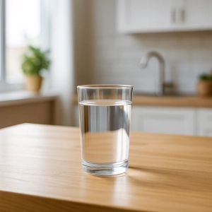 لیوان آب تصفیه‌شده تازه روی میز آشپزخانه با نور طبیعی