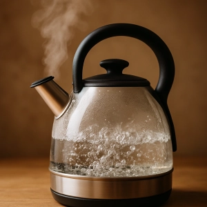 کتری در حال جوشیدن آب روی اجاق – مقایسه کیفیت آب جوشیده با آب تصفیه‌شده خانگی