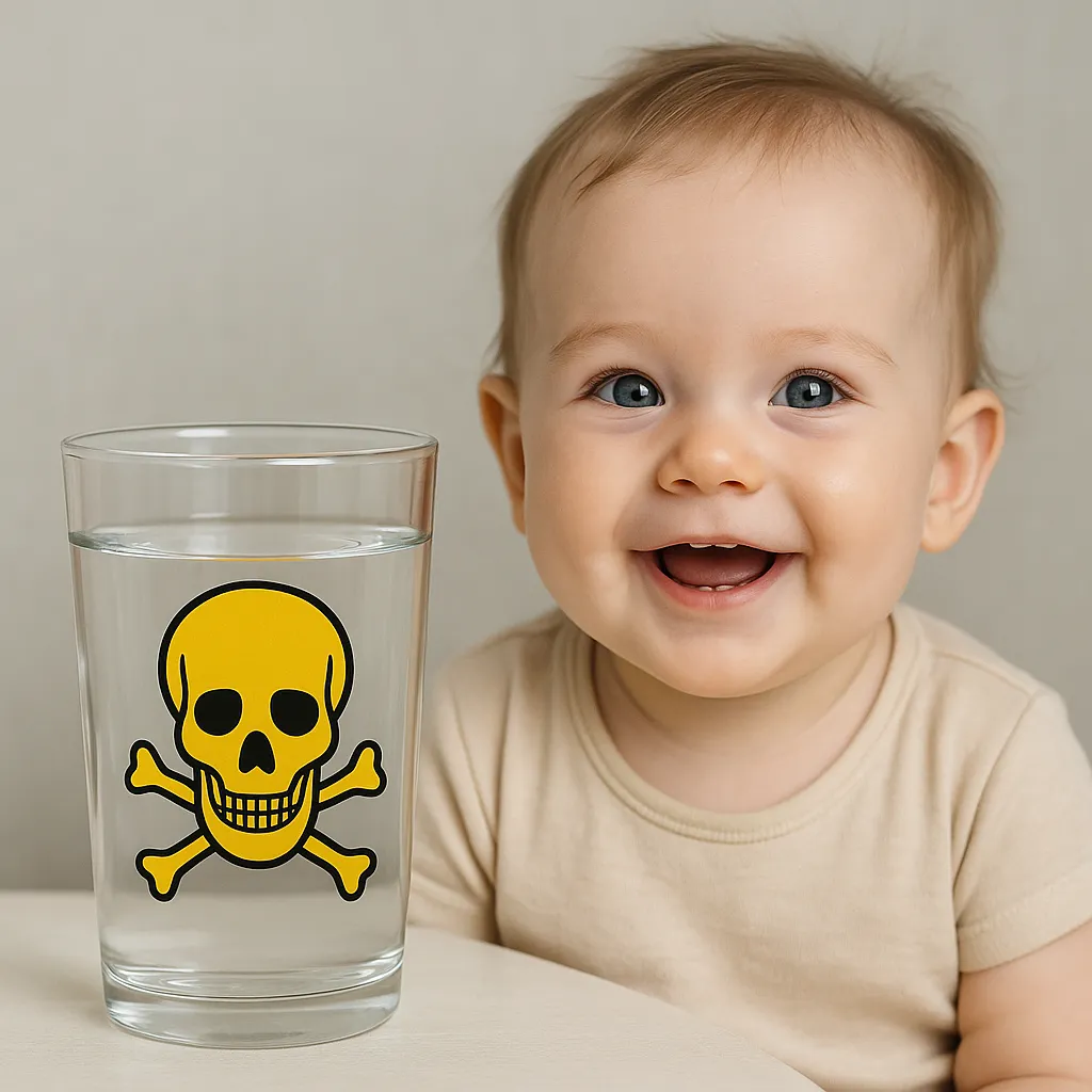 کودک در کنار لیوان آب با علامت خطر نیترات آب