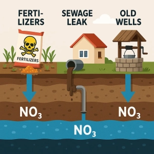 اینفوگرافیک مقطعی مسیر ورود نیترات به آب شامل کودهای شیمیایی، نشت فاضلاب و آب چاه