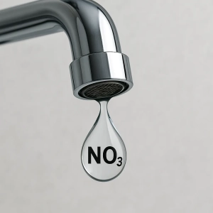 شیر آب خانگی با قطره آب حاوی علامت NO3 نشان دهنده وجود نیترات در آب