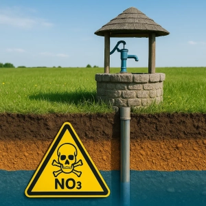 نمای مقطعی از چاه آب آلوده با نفوذ نیترات و آلودگی زیرزمینی 