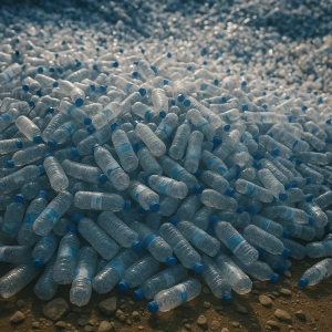 انبوه بطری‌های پلاستیکی آب معدنی که به صورت تپه‌ای روی هم انباشته شده‌اند و آلودگی محیط‌زیست را نشان می‌دهند