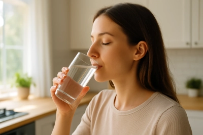 نوشیدن آب تصفیه‌شده در آشپزخانه روشن با حس طراوت و سلامتی