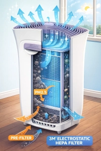 نمای داخلی دستگاه تصفیه هوا با فیلتر هپا الکترواستاتیک 3M و عملکرد حذف PM2.5
