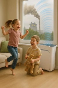 دو کودک در حال بازی در خانه با وجود هوای آلوده بیرون؛ عملکرد دستگاه تصفیه هوا برای ایجاد هوای سالم
