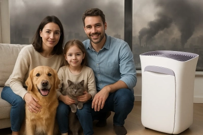 خانواده و حیوانات خانگی در خانه با وجود آلودگی شدید بیرون؛ تاثیر دستگاه تصفیه هوا بر ایجاد محیط سالم
