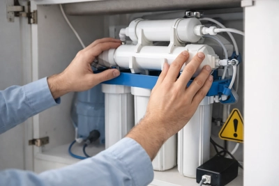 کاربر در حال دستکاری دستگاه تصفیه آب خانگی